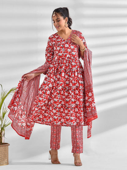 Printed Pure Cotton 3/4 Sleeve Kurta And Trouser Set With Dupatta