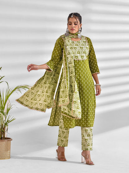 Printed Pure Cotton 3/4 Sleeve Kurta And Trouser Set With Dupatta