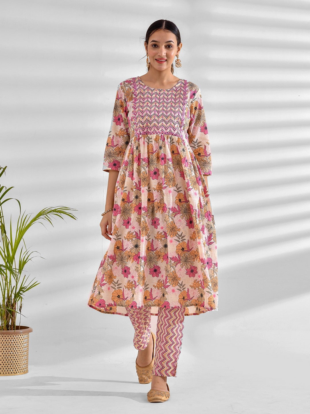 Printed Pure Cotton 3/4 Sleeve Kurta And Trouser Set