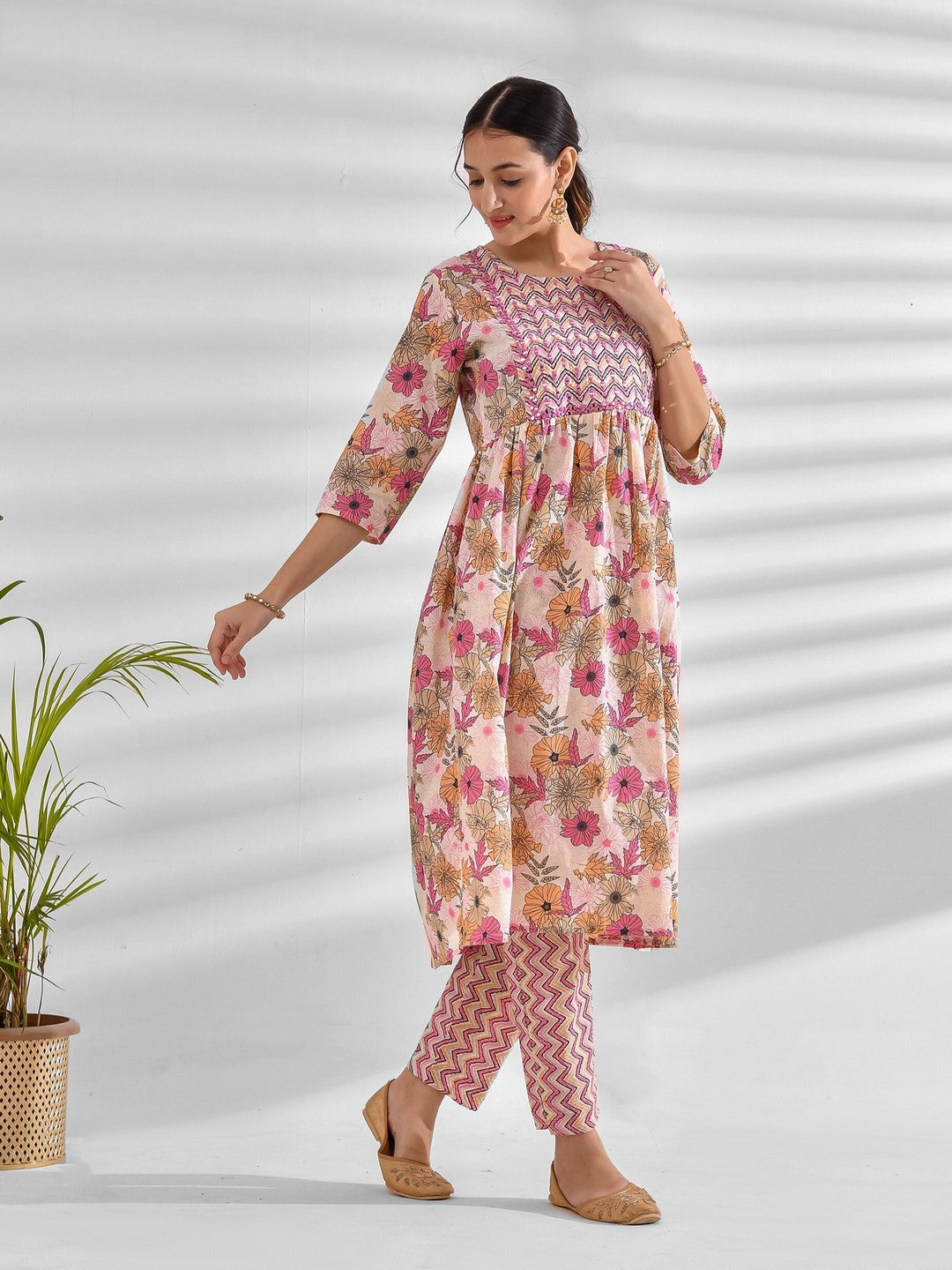 Printed Pure Cotton 3/4 Sleeve Kurta And Trouser Set
