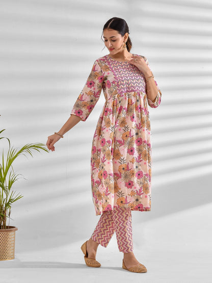 Printed Pure Cotton 3/4 Sleeve Kurta And Trouser Set