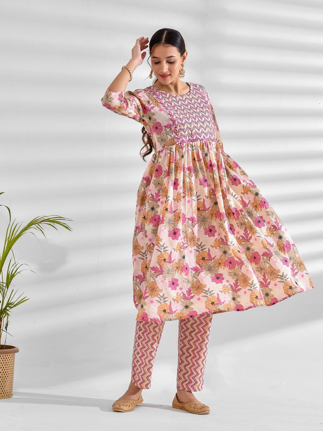 Printed Pure Cotton 3/4 Sleeve Kurta And Trouser Set