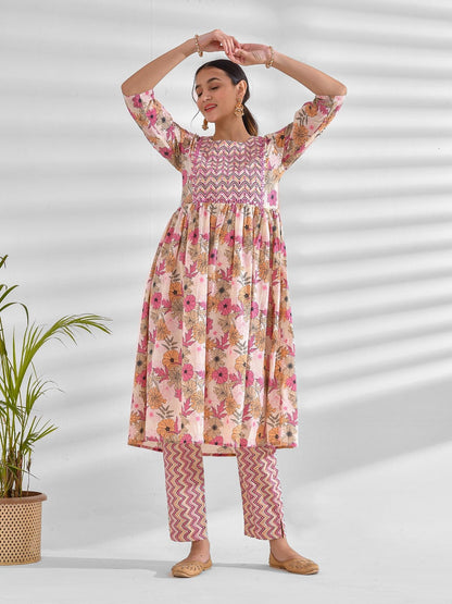 Printed Pure Cotton 3/4 Sleeve Kurta And Trouser Set