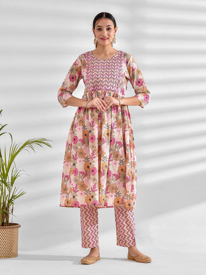 Printed Pure Cotton 3/4 Sleeve Kurta And Trouser Set