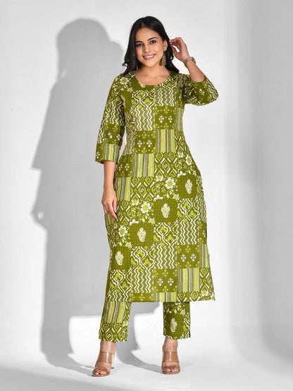 Printed Pure Cotton 3/4 Sleeve Kurta And Trouser Set