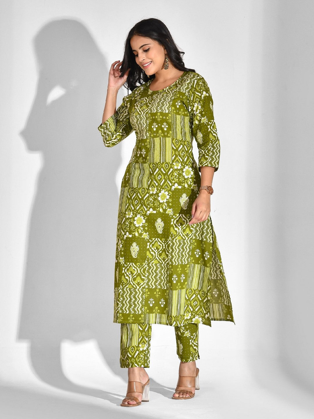 Printed Pure Cotton 3/4 Sleeve Kurta And Trouser Set