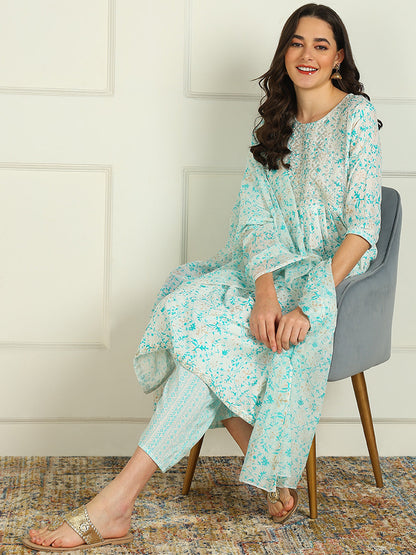 Printed Viscose Rayon 3/4 Sleeve Kurta And Palazzo Set With Dupatta
