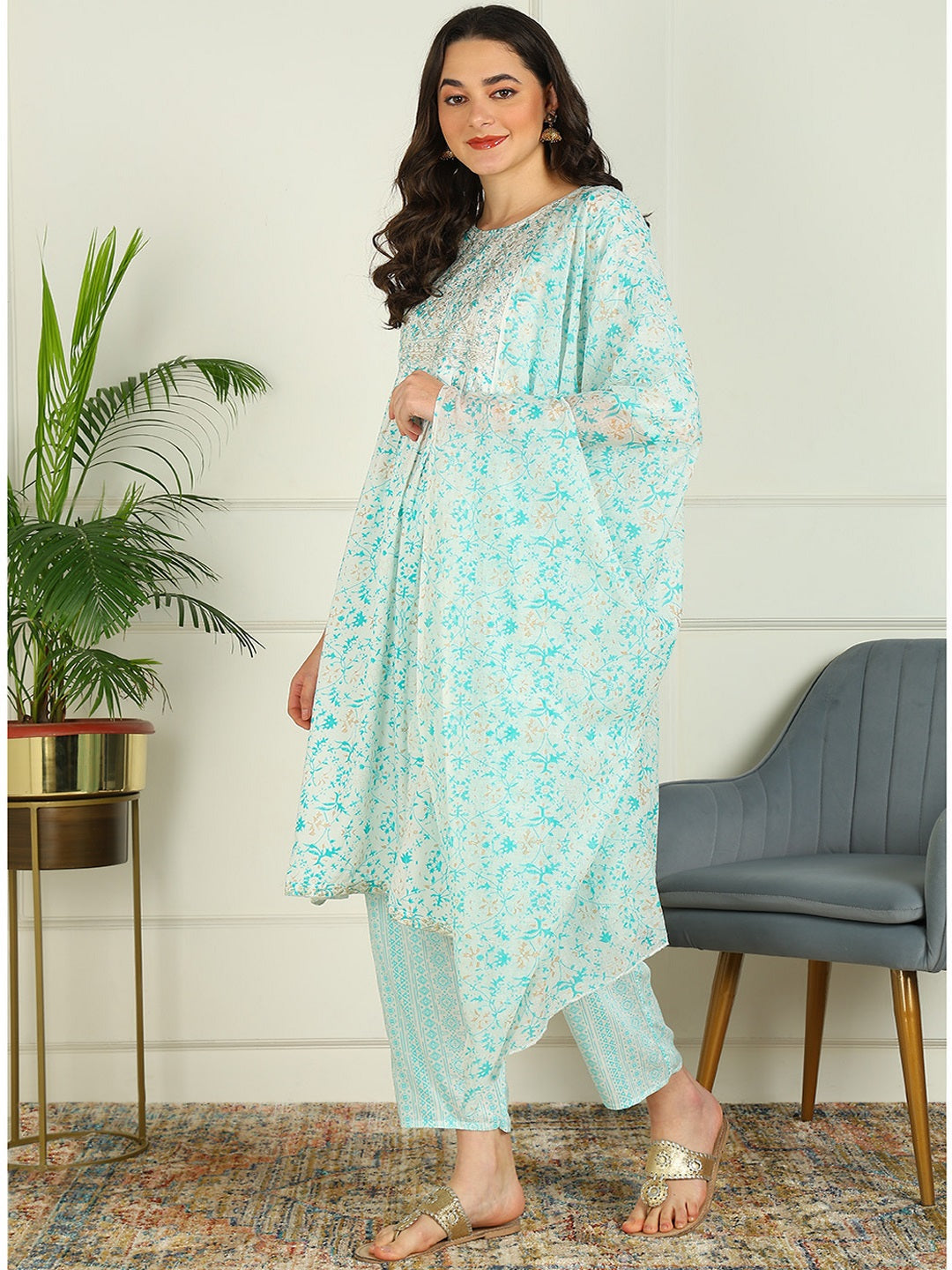 Printed Viscose Rayon 3/4 Sleeve Kurta And Palazzo Set With Dupatta
