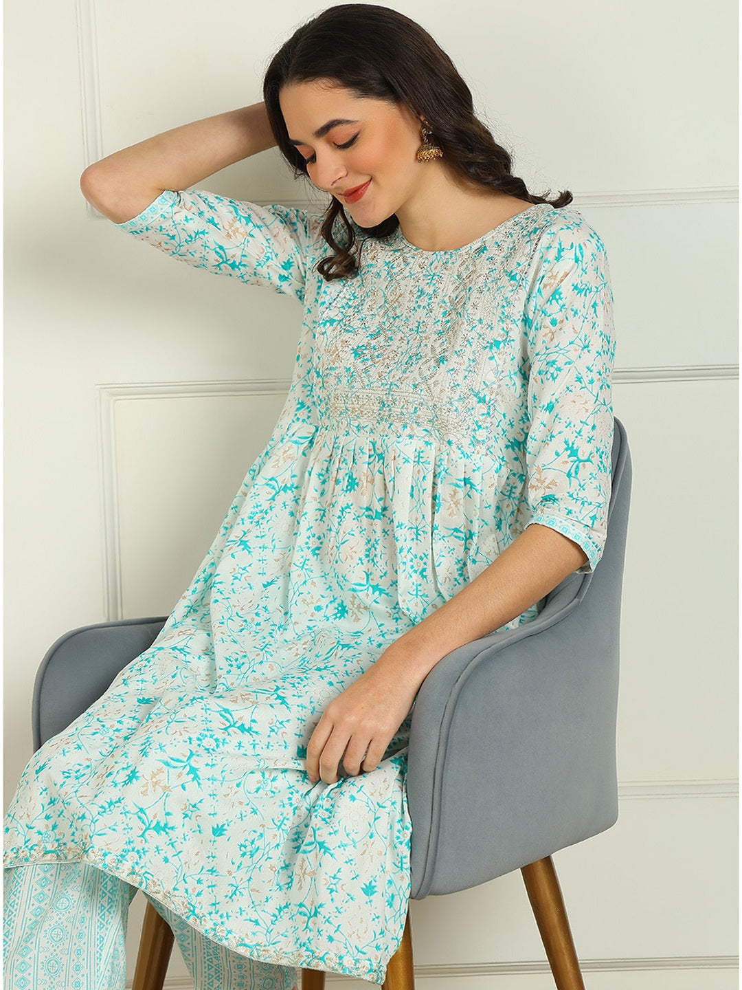 Printed Viscose Rayon 3/4 Sleeve Kurta And Palazzo Set With Dupatta