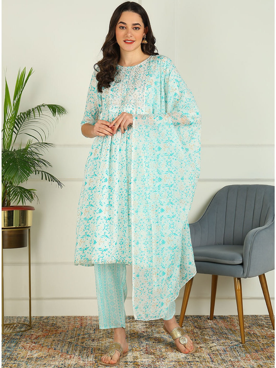 Printed Viscose Rayon 3/4 Sleeve Kurta And Palazzo Set With Dupatta