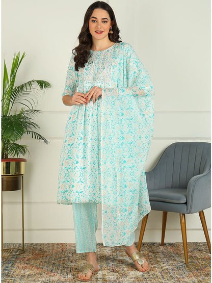 Printed Viscose Rayon 3/4 Sleeve Kurta And Palazzo Set With Dupatta