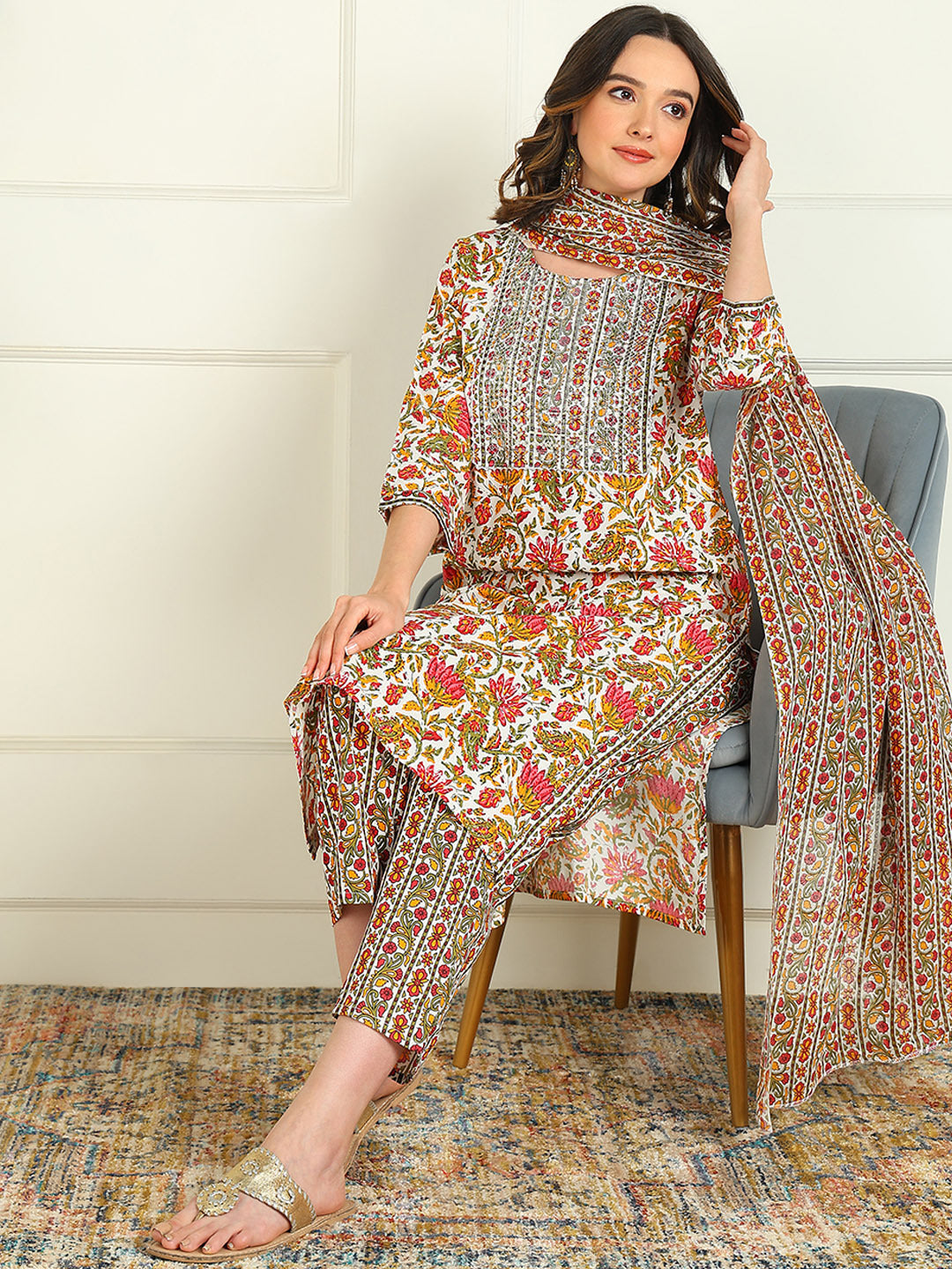 Printed Viscose Rayon 3/4 Sleeve Kurta And Palazzo Set With Dupatta