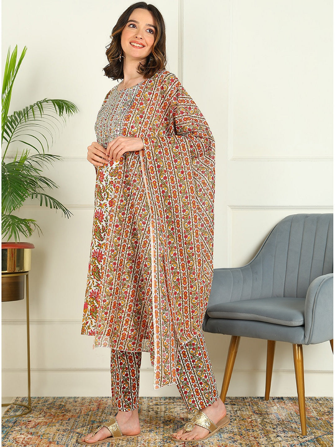 Printed Viscose Rayon 3/4 Sleeve Kurta And Palazzo Set With Dupatta