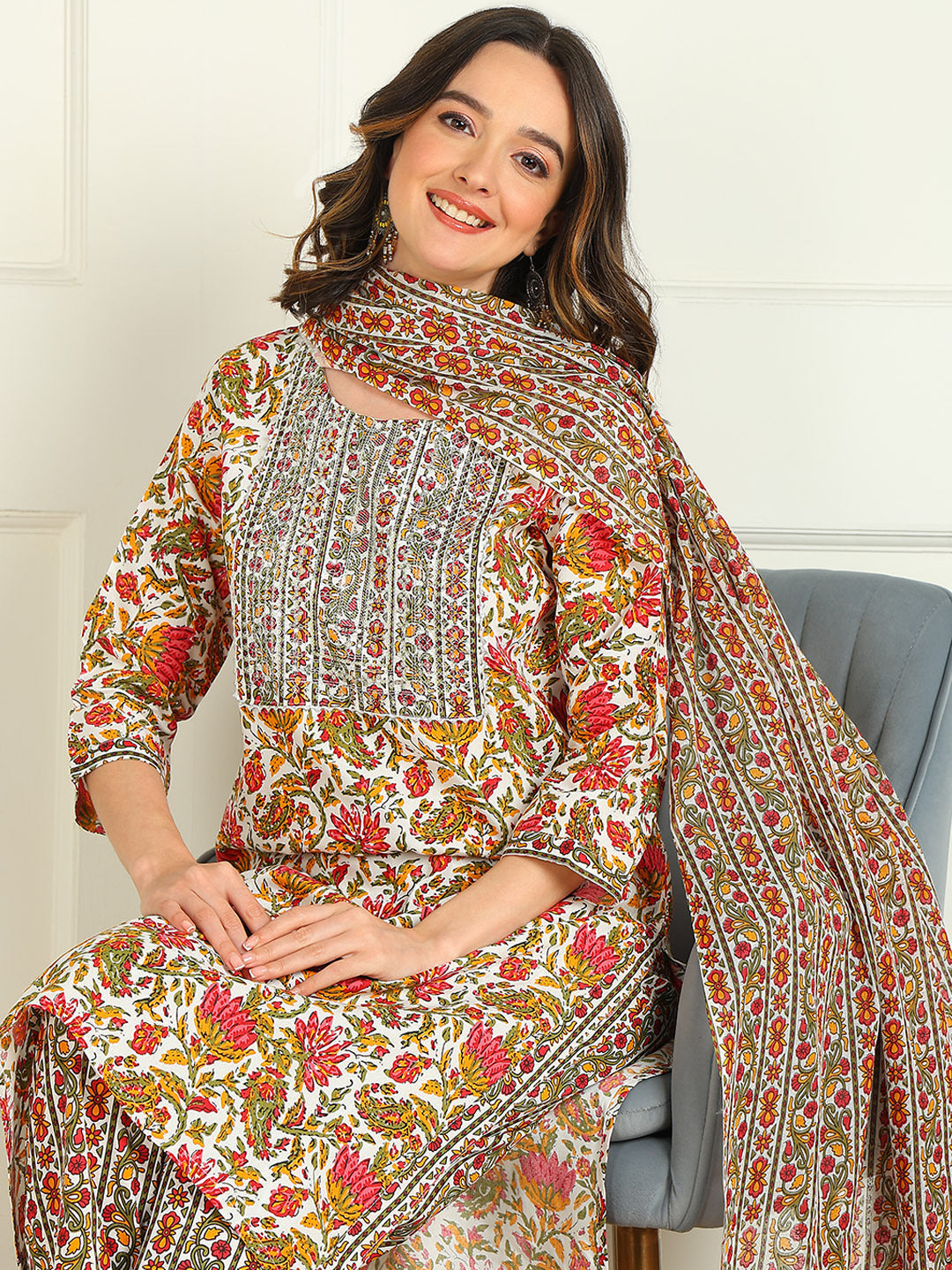 Printed Viscose Rayon 3/4 Sleeve Kurta And Palazzo Set With Dupatta