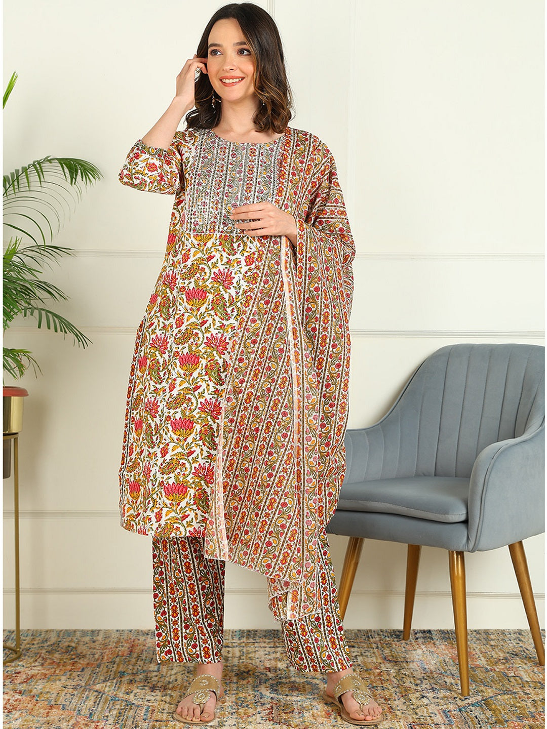 Printed Viscose Rayon 3/4 Sleeve Kurta And Palazzo Set With Dupatta