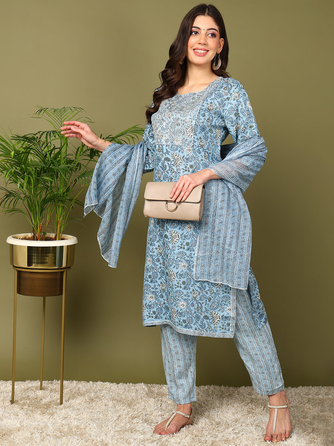 Printed Viscose Rayon 3/4 Sleeve Kurta And Trouser Set With Dupatta