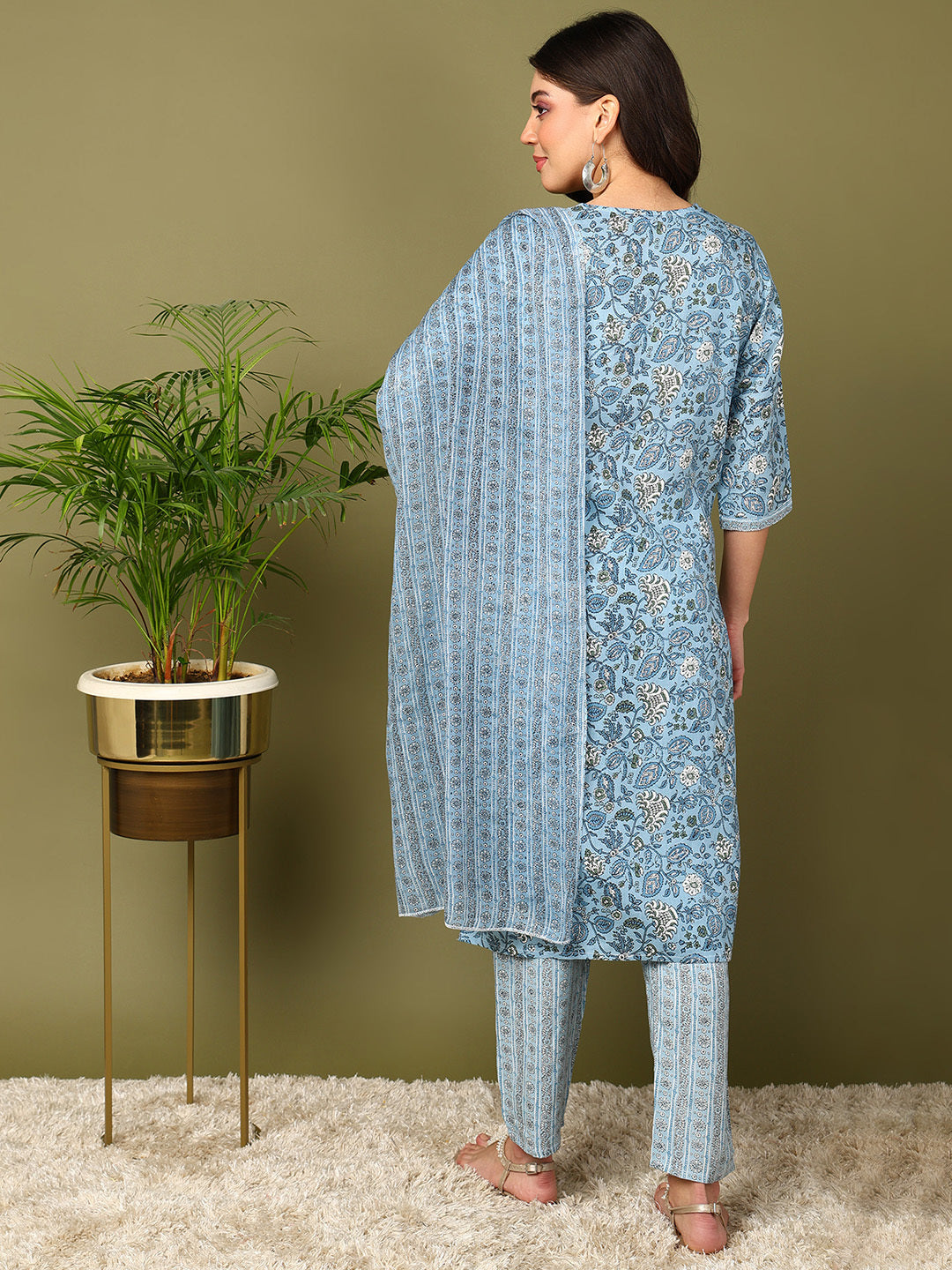 Printed Viscose Rayon 3/4 Sleeve Kurta And Trouser Set With Dupatta