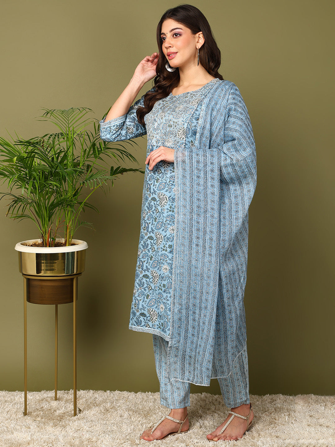 Printed Viscose Rayon 3/4 Sleeve Kurta And Trouser Set With Dupatta