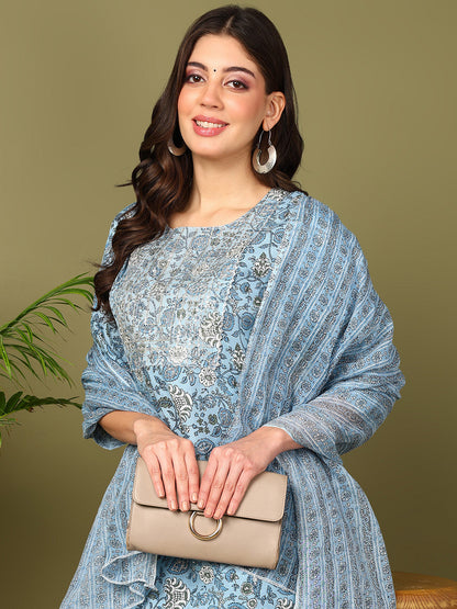 Printed Viscose Rayon 3/4 Sleeve Kurta And Trouser Set With Dupatta