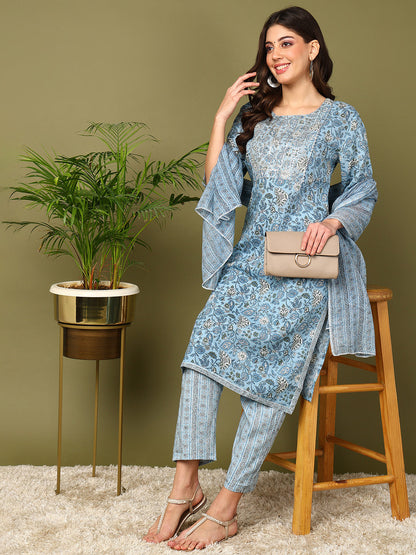 Printed Viscose Rayon 3/4 Sleeve Kurta And Trouser Set With Dupatta