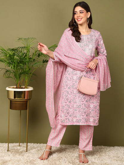 Printed Viscose Rayon 3/4 Sleeve Kurta And Trouser Set With Dupatta