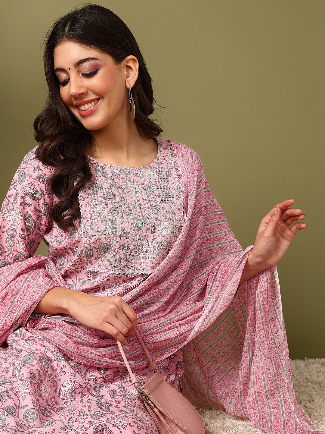 Printed Viscose Rayon 3/4 Sleeve Kurta And Trouser Set With Dupatta