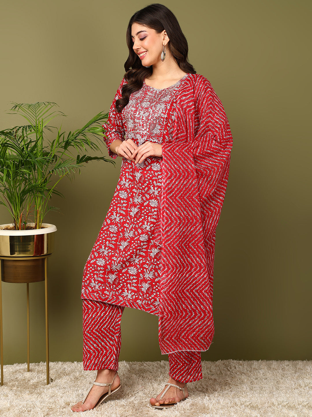 Printed Viscose Rayon 3/4 Sleeve Kurta And Trouser Set With Dupatta