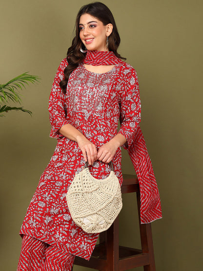 Printed Viscose Rayon 3/4 Sleeve Kurta And Trouser Set With Dupatta