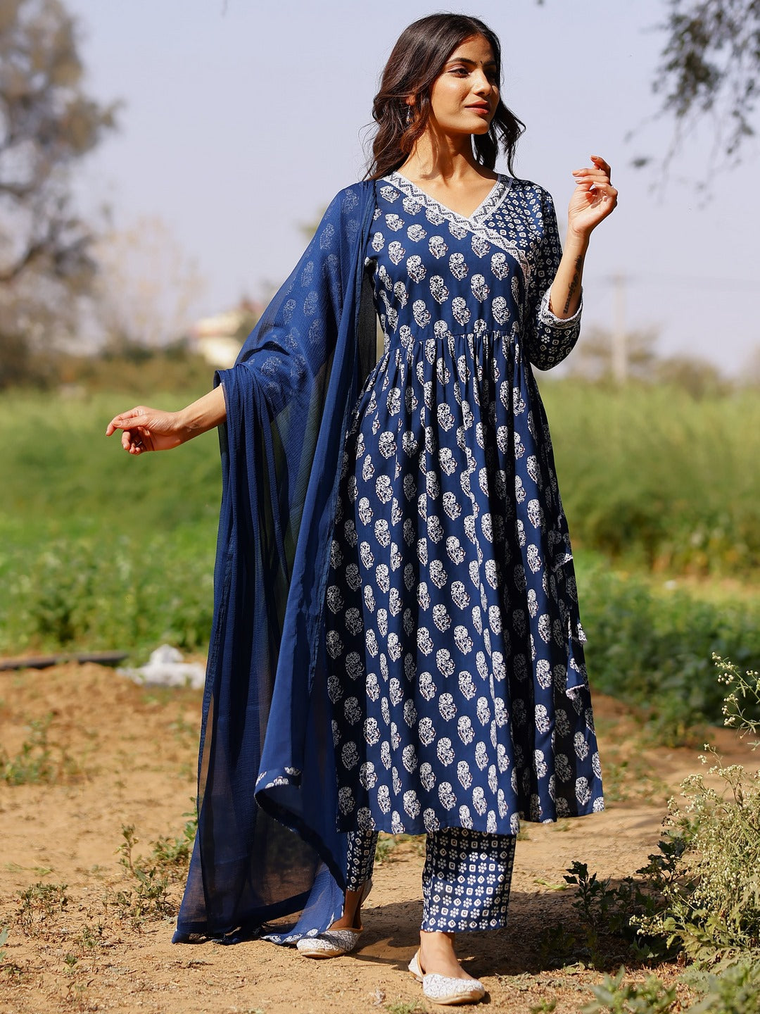 Printed Viscose Rayon 3/4 Sleeve Kurta And Palazzo Set With Dupatta