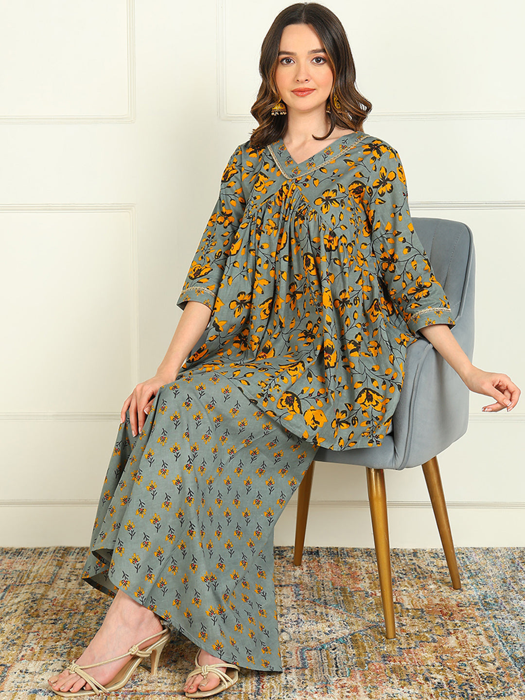Printed Viscose Rayon 3/4 Sleeve Kurti And Sharara Set
