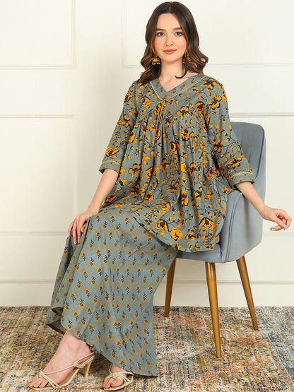 Printed Viscose Rayon 3/4 Sleeve Kurti And Sharara Set
