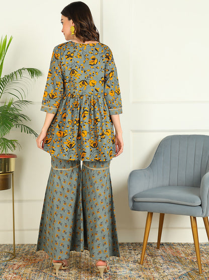 Printed Viscose Rayon 3/4 Sleeve Kurti And Sharara Set