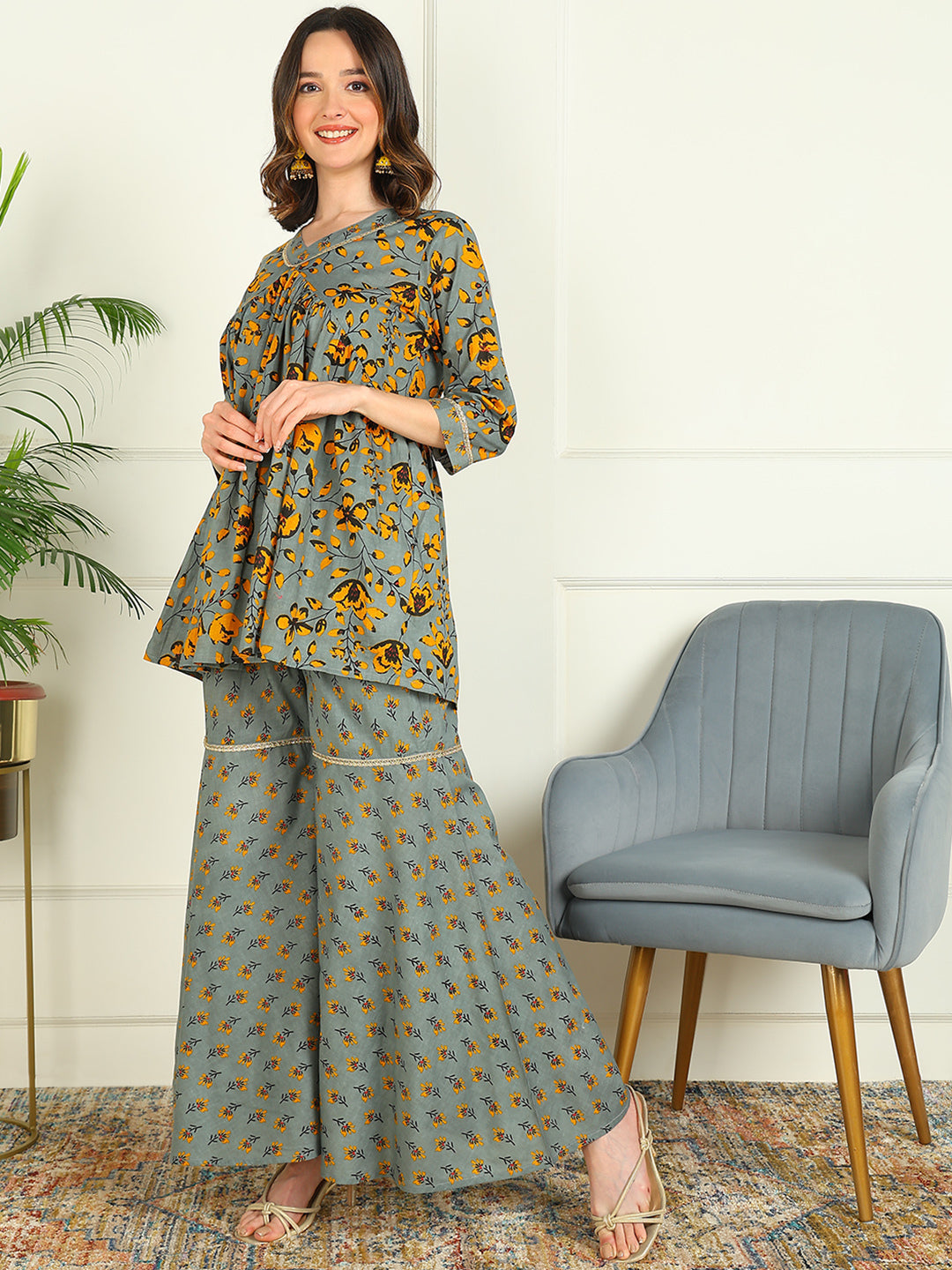 Printed Viscose Rayon 3/4 Sleeve Kurti And Sharara Set