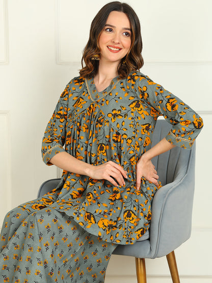 Printed Viscose Rayon 3/4 Sleeve Kurti And Sharara Set