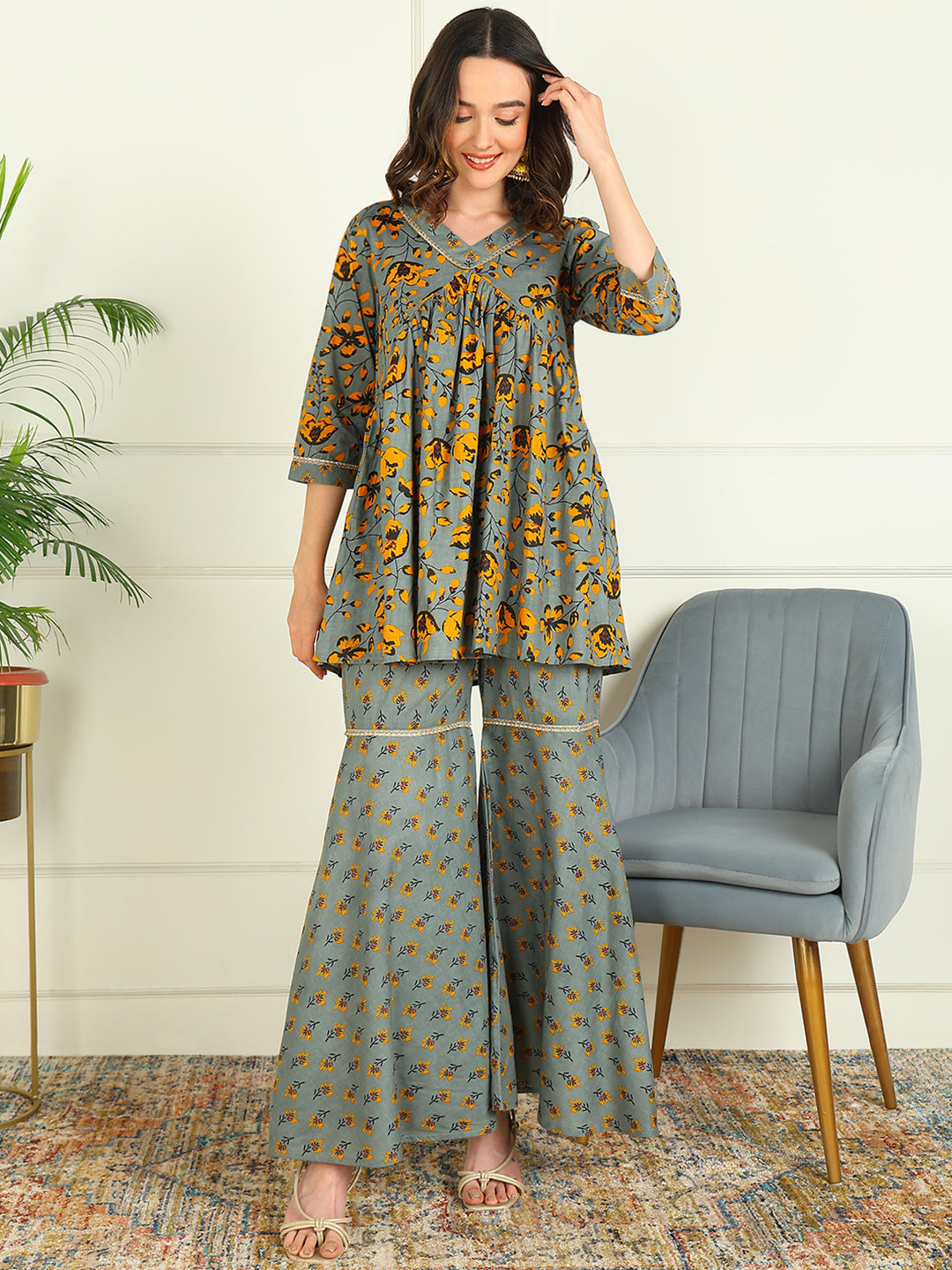 Printed Viscose Rayon 3/4 Sleeve Kurti And Sharara Set