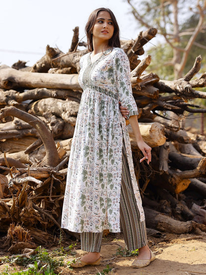 Printed Viscose Rayon 3/4 Sleeve Kurta And Trouser Set