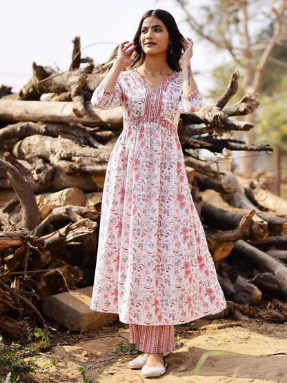 Printed Viscose Rayon 3/4 Sleeve Kurta And Trouser Set