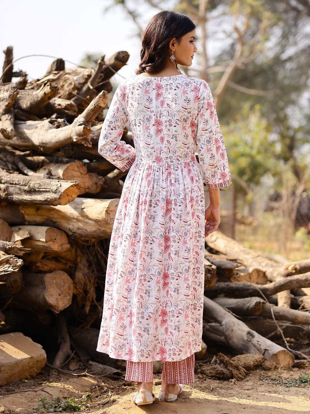 Printed Viscose Rayon 3/4 Sleeve Kurta And Trouser Set