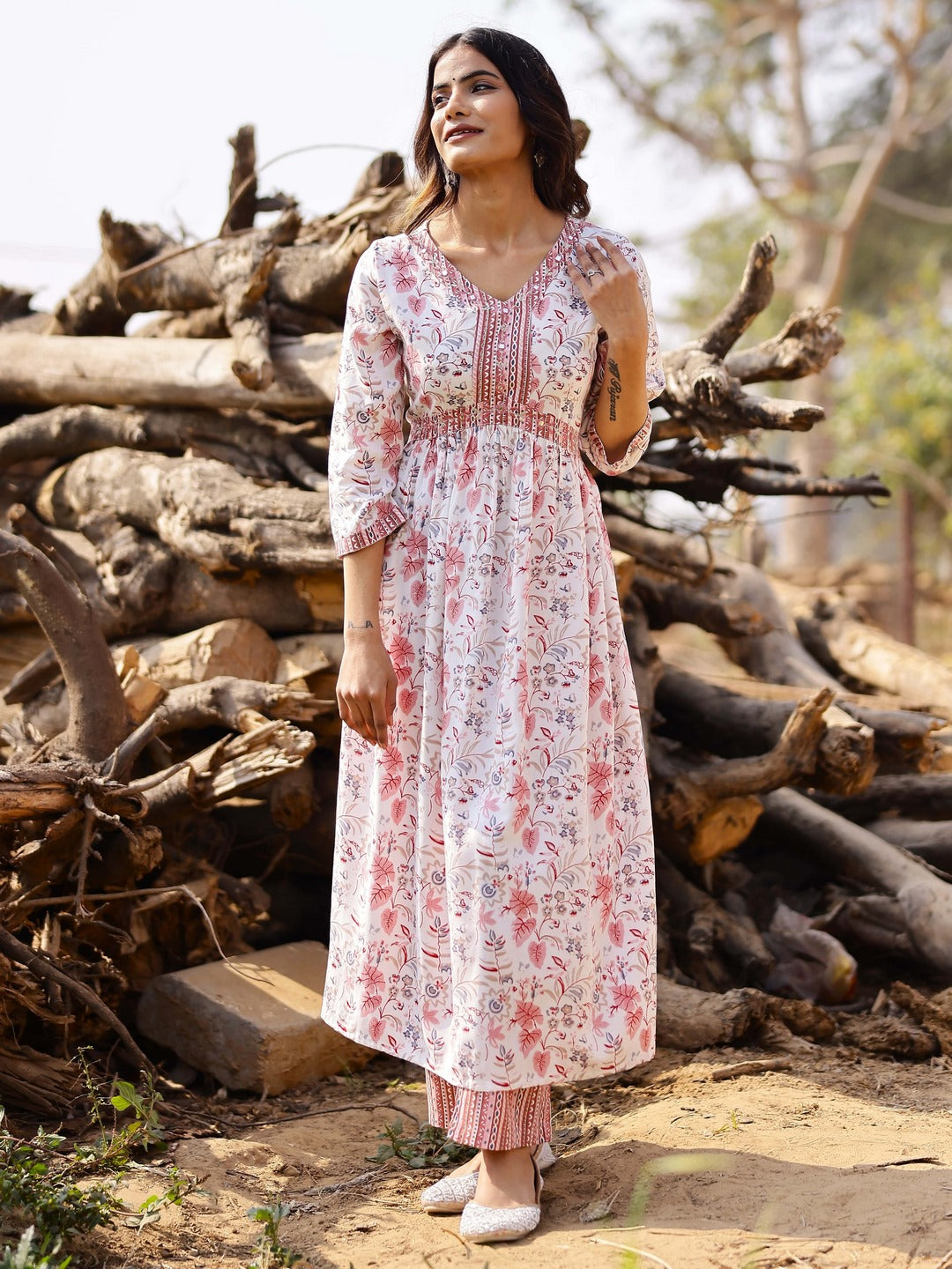 Printed Viscose Rayon 3/4 Sleeve Kurta And Trouser Set