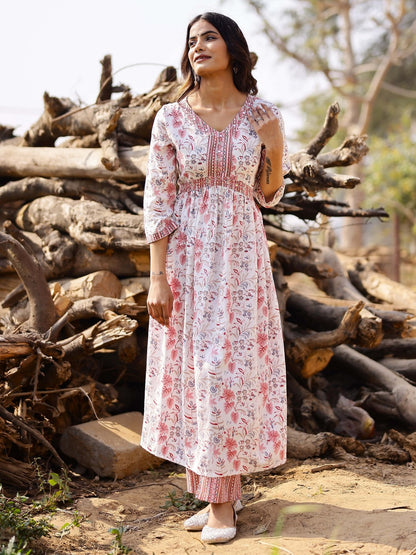 Printed Viscose Rayon 3/4 Sleeve Kurta And Trouser Set