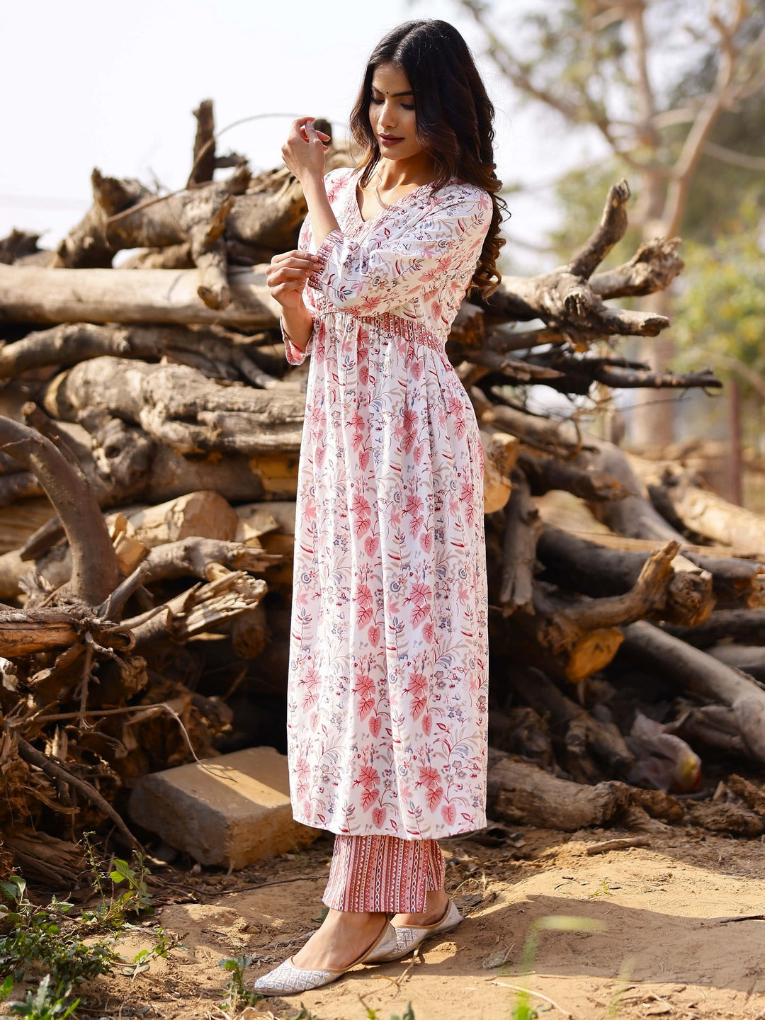 Printed Viscose Rayon 3/4 Sleeve Kurta And Trouser Set