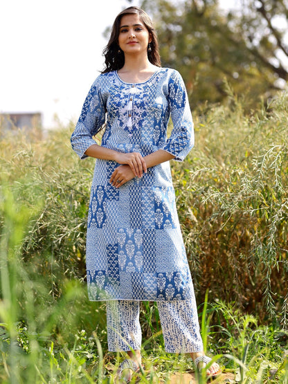 Embroidered Viscose Rayon 3/4 Sleeve Kurta And Trouser Set
