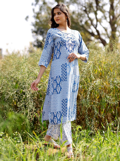 Embroidered Viscose Rayon 3/4 Sleeve Kurta And Trouser Set