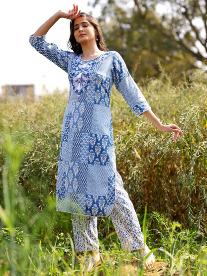 Embroidered Viscose Rayon 3/4 Sleeve Kurta And Trouser Set