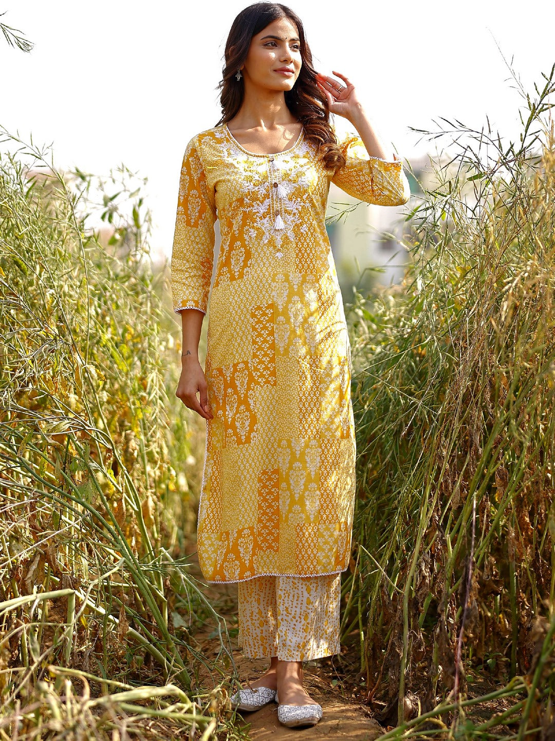 Embroidered Viscose Rayon 3/4 Sleeve Kurta And Trouser Set