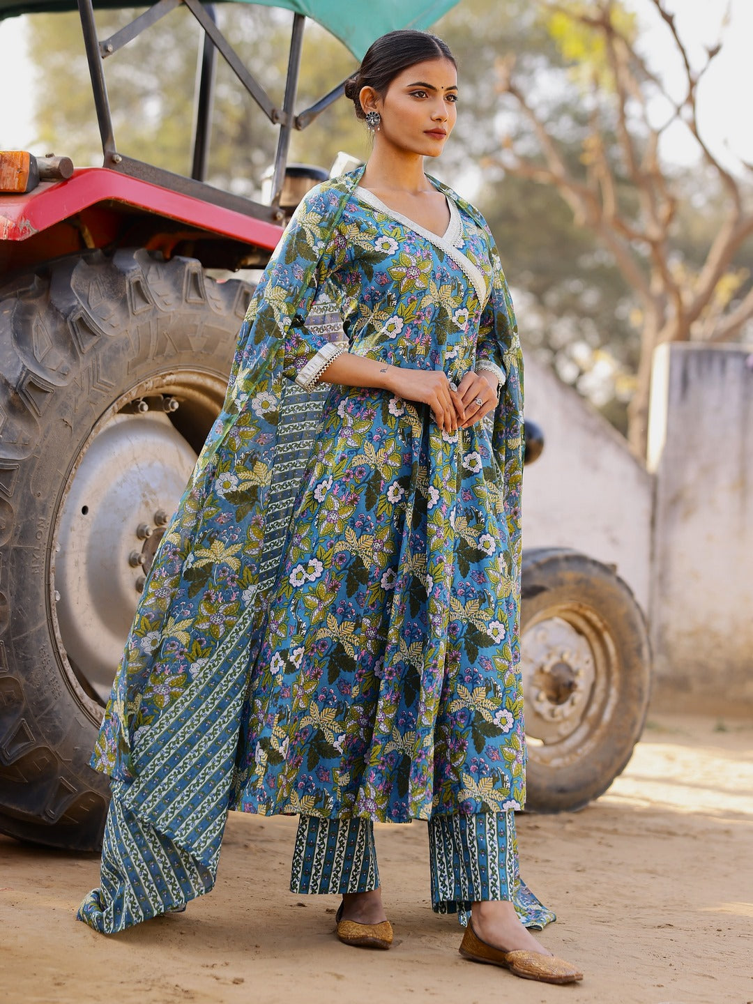 Printed Pure Cotton 3/4 Sleeve Kurta And Trouser Set With Dupatta With Dupatta
