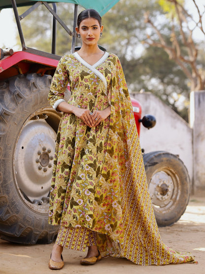 Printed Pure Cotton 3/4 Sleeve Kurta And Trouser Set With Dupatta