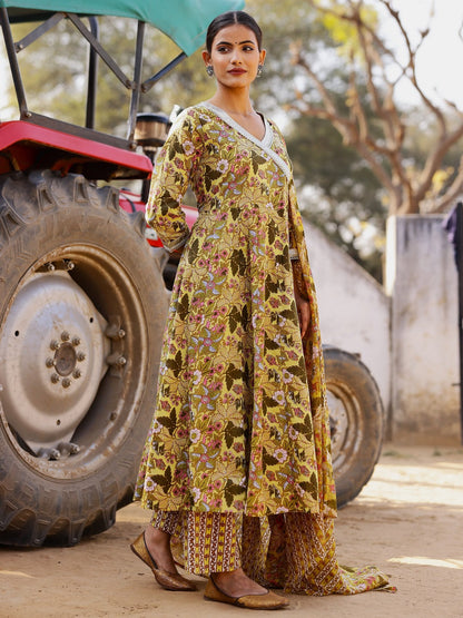 Printed Pure Cotton 3/4 Sleeve Kurta And Trouser Set With Dupatta