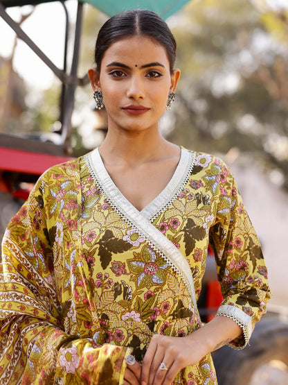 Printed Pure Cotton 3/4 Sleeve Kurta And Trouser Set With Dupatta