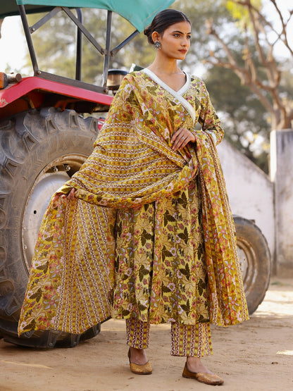 Printed Pure Cotton 3/4 Sleeve Kurta And Trouser Set With Dupatta